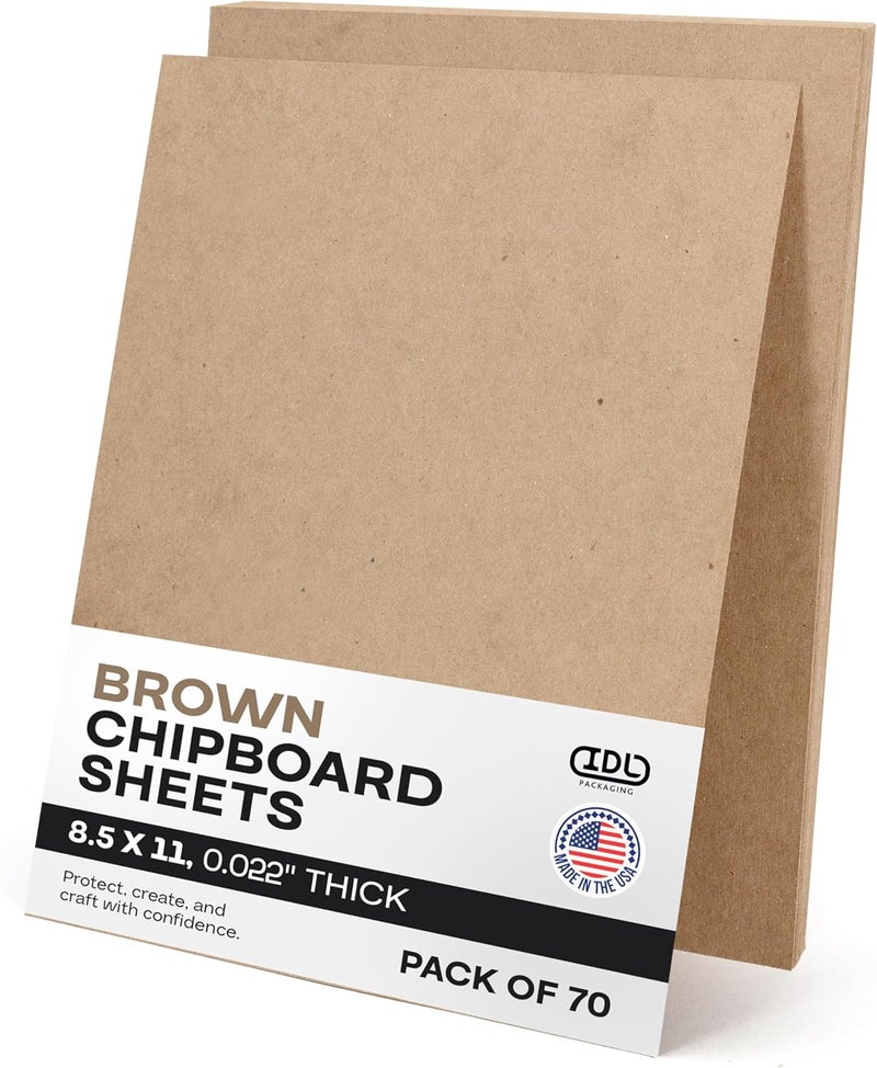 IDL Packaging أوراق لوح رقائقي 8.5" × 11"، عبوة من 70 - أوراق كرتونية مصنوعة في الولايات المتحدة للتزيين، الإطارات - ورق كرتوني بني بسماكة 0.022" - وسادات لوح رقائقي للحرف، مشاريع DIY - Image 1